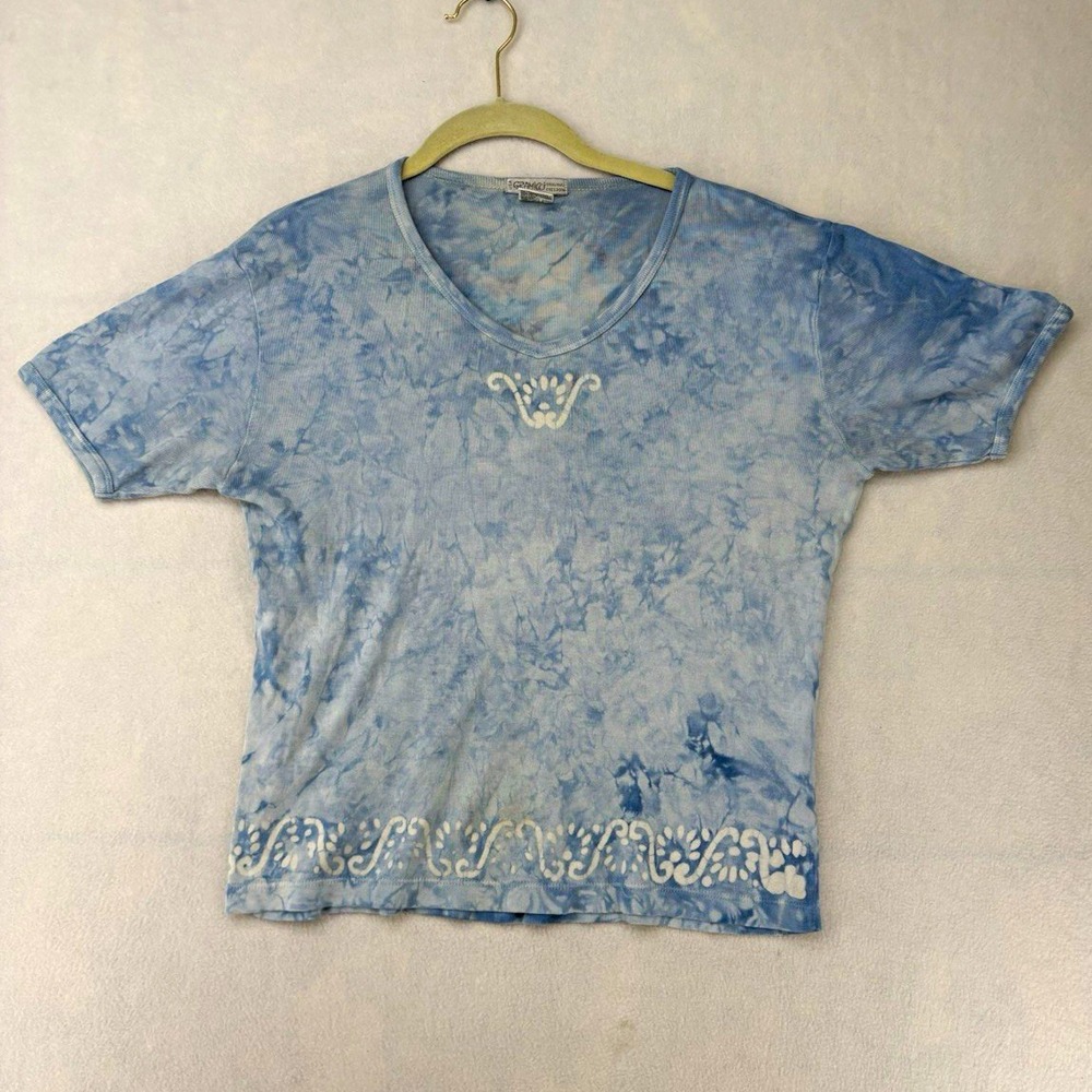 the GreatC. clothing Blue/White Tie-Dye V-Neck Ribbed Cotton T-Shirt Women's L